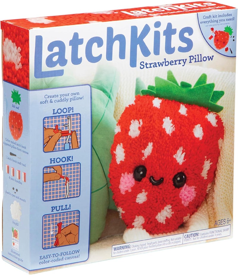 LatchKits وسادة الفراولة - مجموعات حياكة للطفل، فنون وحرف، فن الخيوط، حرف للأطفال، ألعاب للبنات، هدية عيد ميلاد للبنات، نمط سهل المتابعة، خطاف متضمن، مجموعات حرفية، للأعمار 6 سنوات فما فوق - Image 1